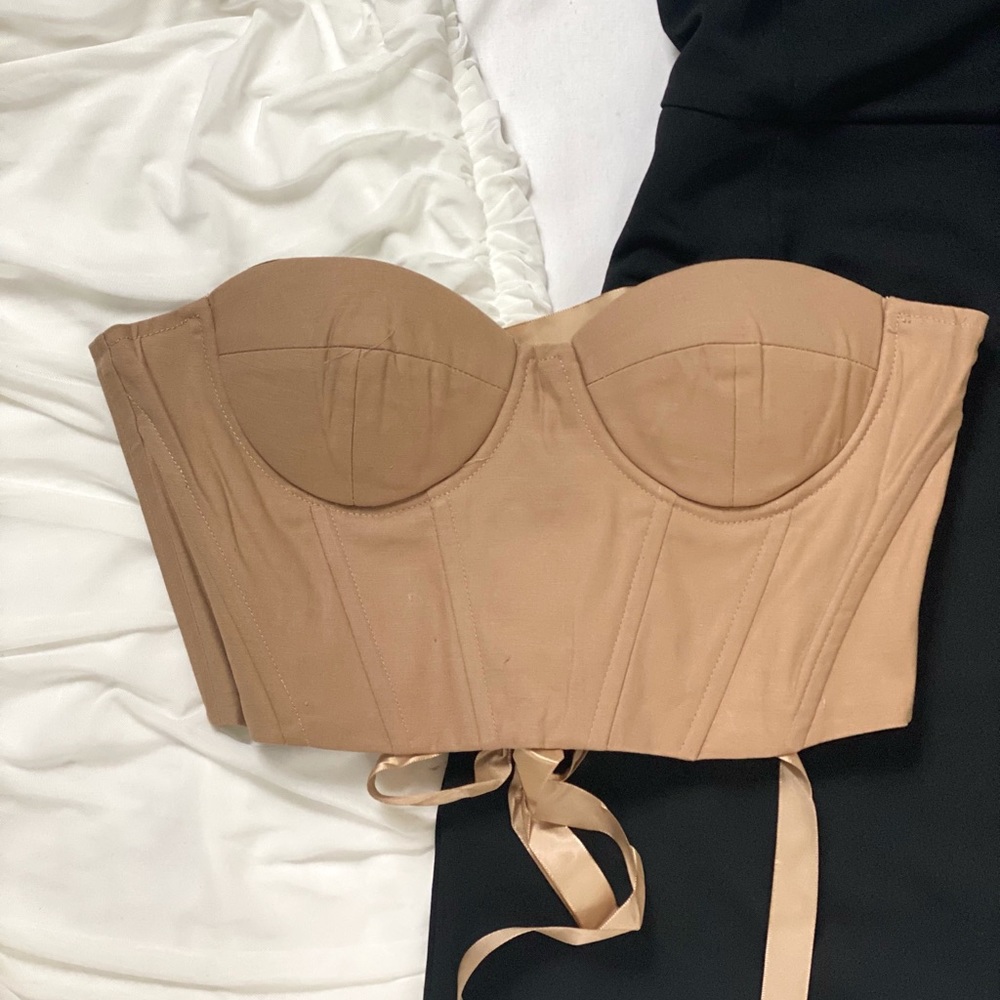 Beige Lace-Up Bustier Cropped Tube Top